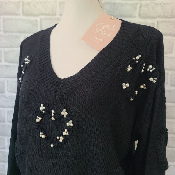 Love Tree Black Heart Embroidered Faux Pearl Sweater Feminine NEW Med Whimsical - Picture 2 of 7